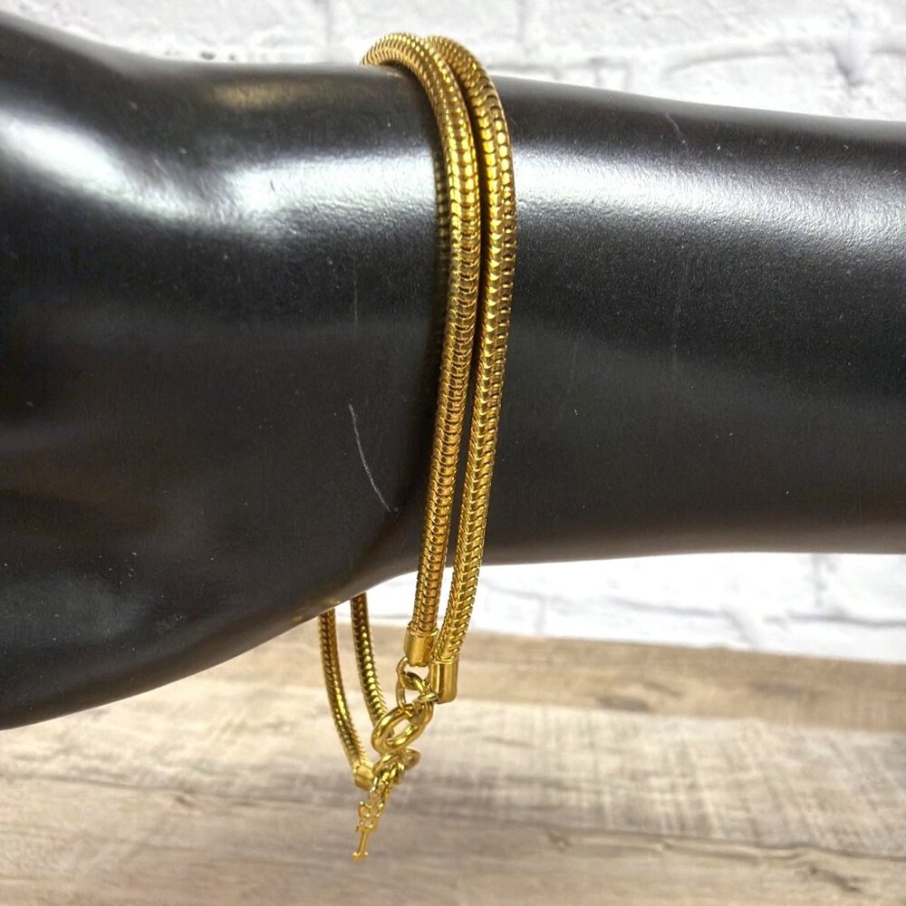 VTG 1950s Crown Trifari GoldTone Double Strand Snake Chain Bracelet T Logo Charm - Picture 8 of 15